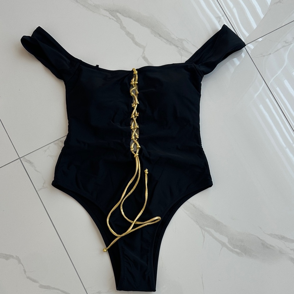 Hot Miami Styles Black One-Piece Swimsuit with Gold Accent